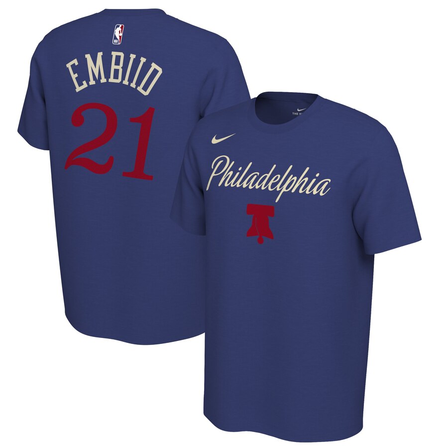 Men 2020 NBA Nike Joel Embiid Philadelphia 76ers Royal 201920 Earned Edition Name Number TShirt